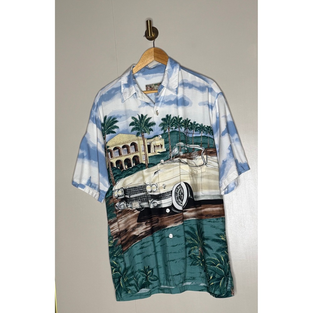 Tori Richard Mens Large Vintage Car Tropical Scene Aloha Hawaiian‎ Shirt Blue L
